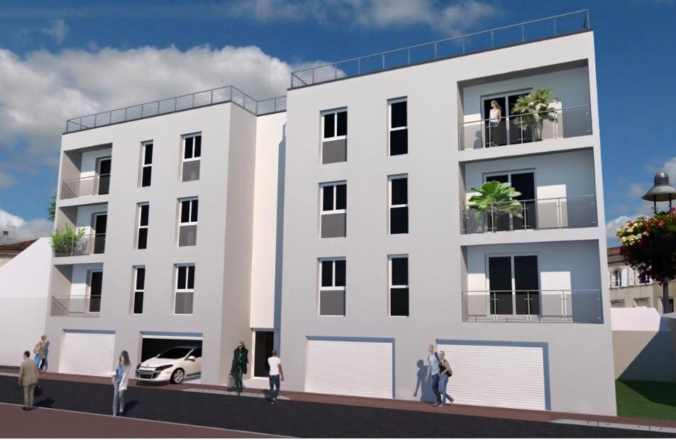 Perspective 3D d'un petit collectif de trois étages avec balcons et garages en rez-de-chaussée