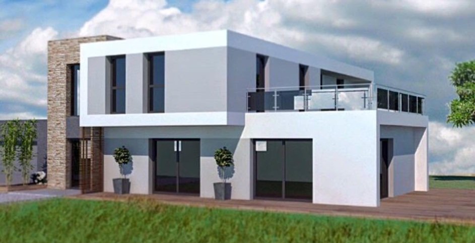Perspective 3D d'une maison contemporaine à toit plat, avec terrasse à l'étage et parement pierre