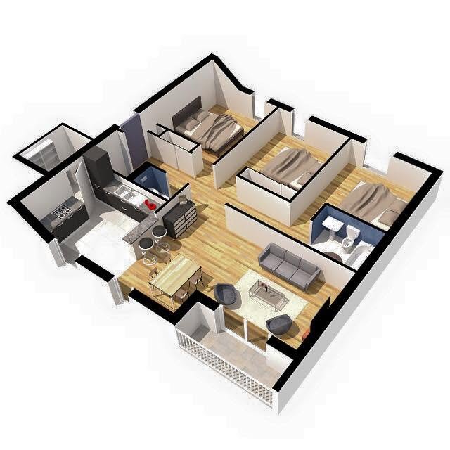 Plan 3D d'un logement en coupe, avec cuisine, séjour et trois chambres meublées